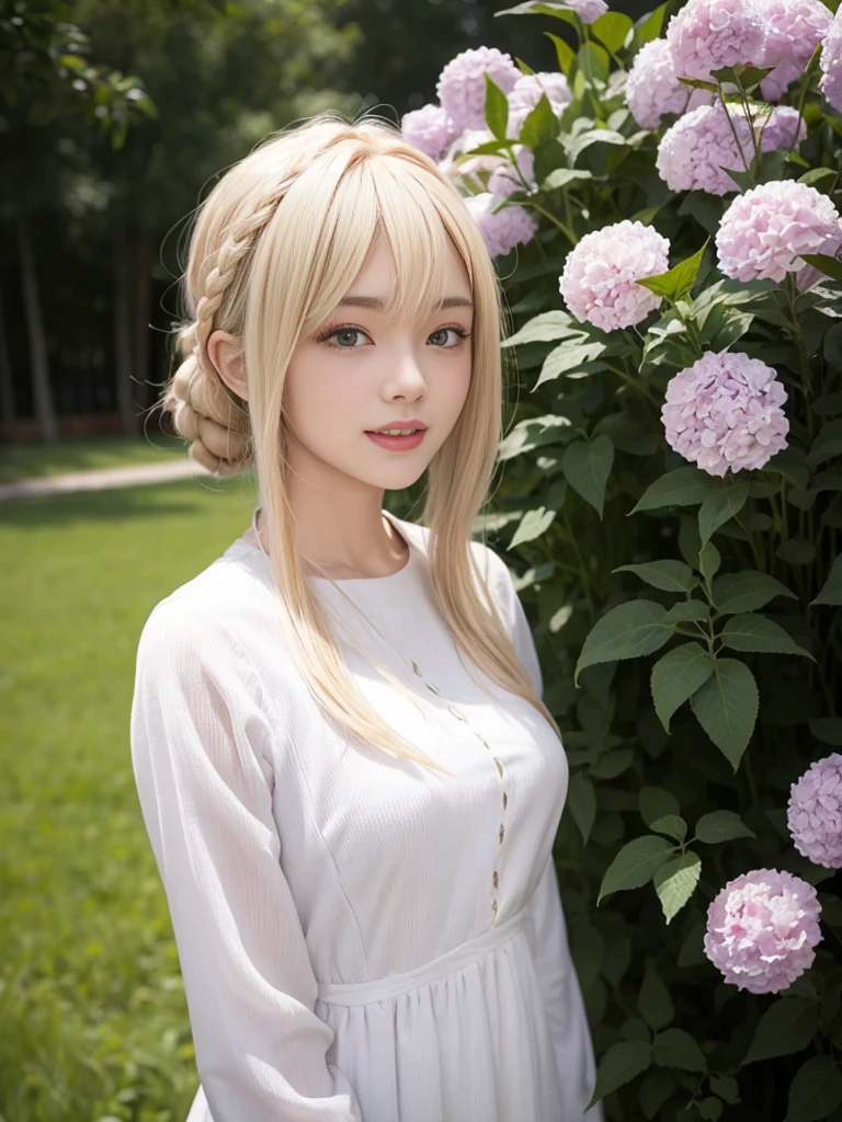 Violet_eternal garden, green_look like,  highest quality , Ultra-high resolution, ( Real as in the picture 1 .4), A girl, ( long blond hair :1.3)sonRisa,Risa,long dress, Braid, Colphne, Necroce de gemas greens, ((腫れぼったいlook like)), (( upper body)), ((( See your viewers ))), ((Big plans )),