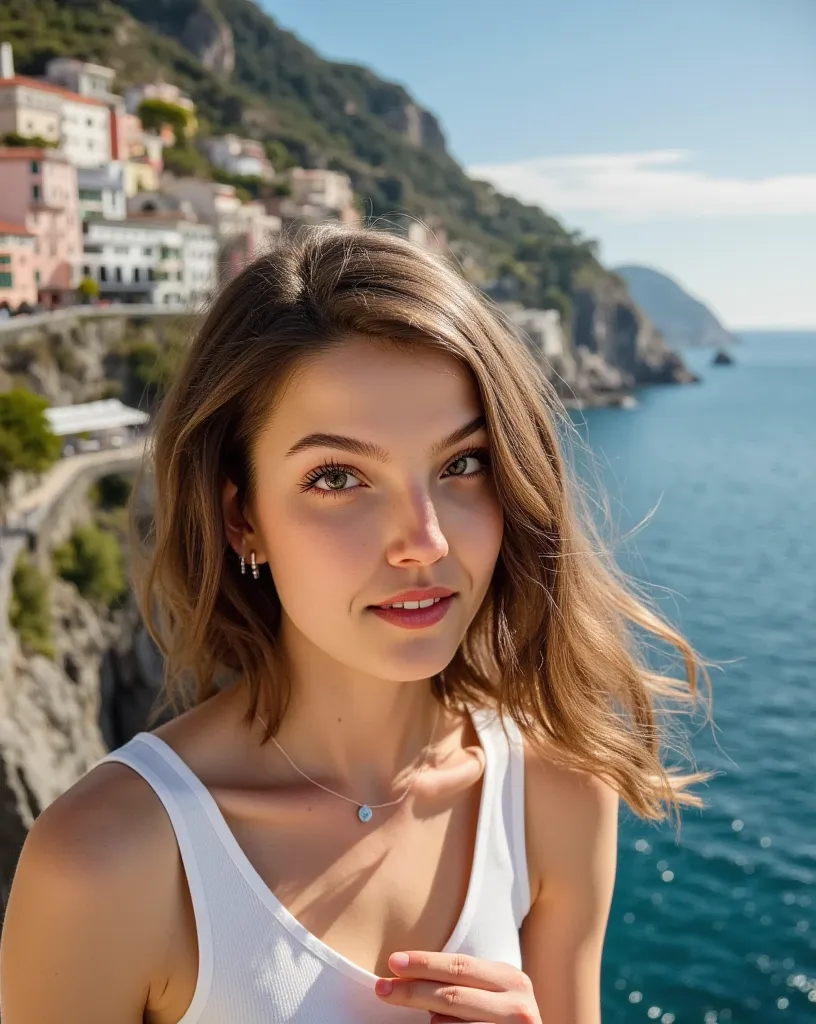 long hair woman on the amalfi coast looking at the viewer