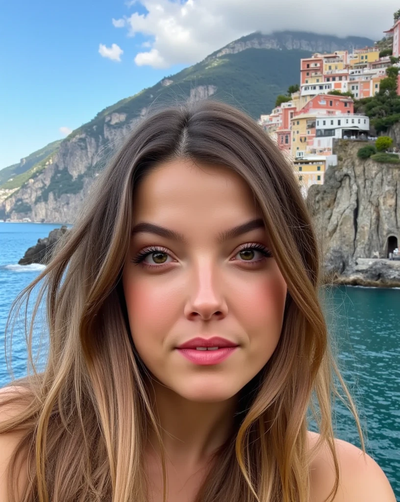 long hair woman on the Amalfi coast looking at the viewer