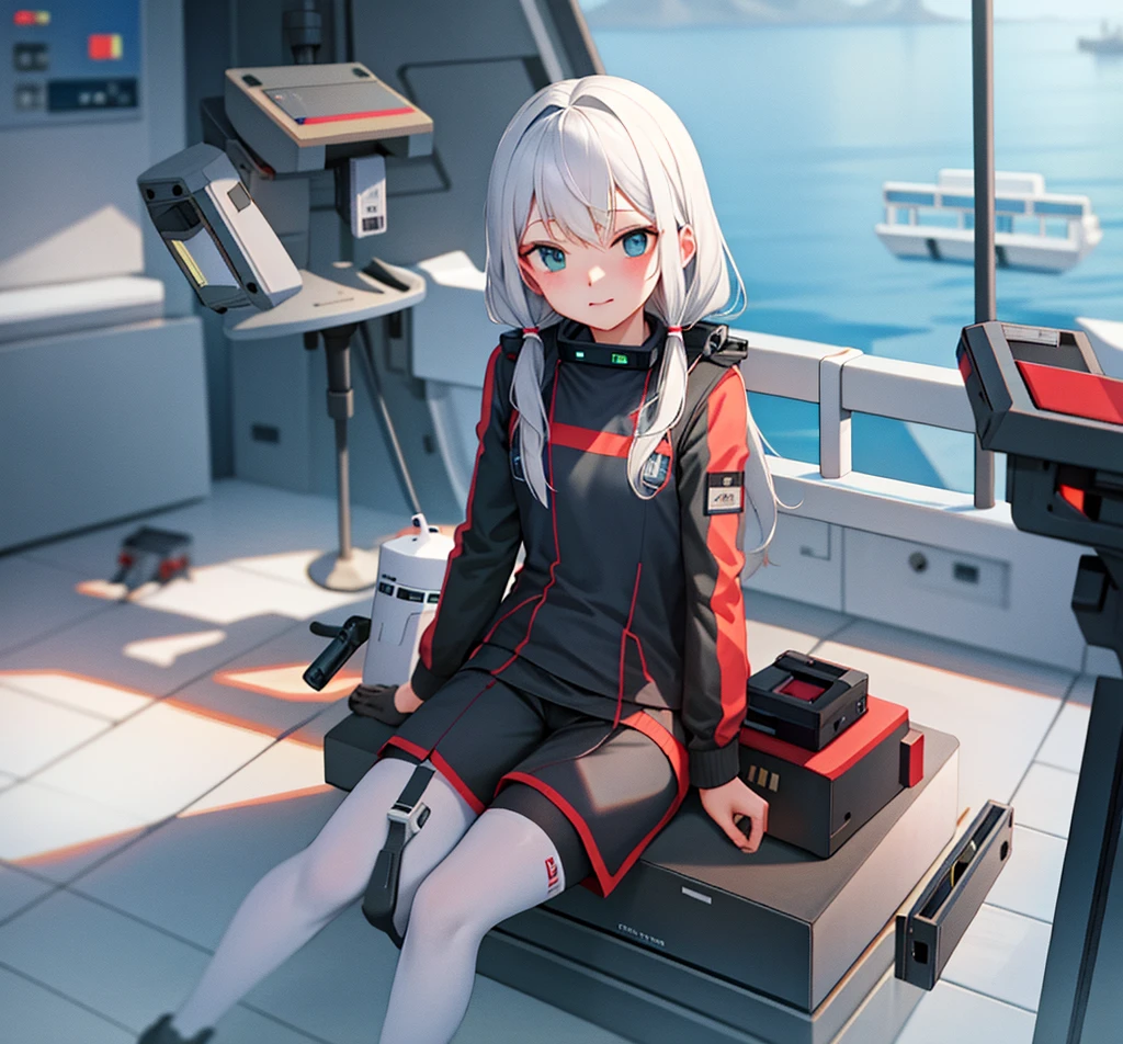  high quality rouás, murder drone V, sitting in a ship&#39;s chair, expression of concern, mouth slightly open, clear environment