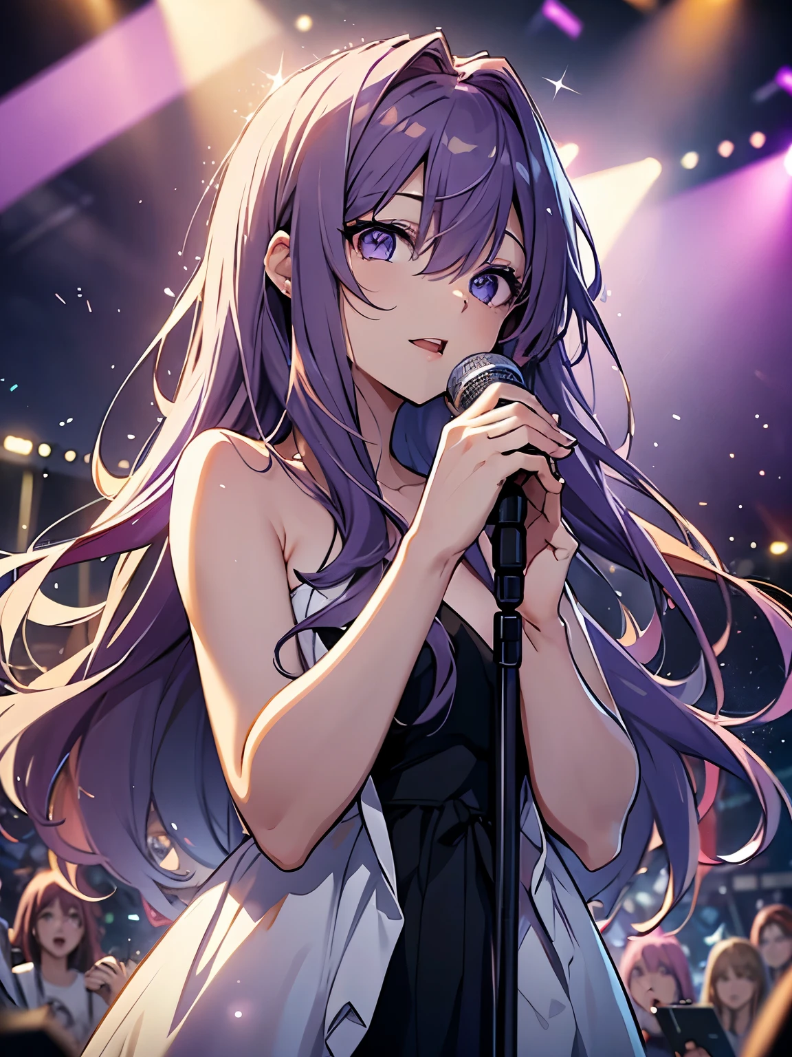  look up with the naked eye ,  Purple Hair,  purple eyes, Sparkling Eyes, Long hair blowing in the wind, Perfect composition, 8k、Singing with microphone 、Live、concert、 colorful lights 、 eyes staring at the audience、Sing with your mouth open、Horizontal position