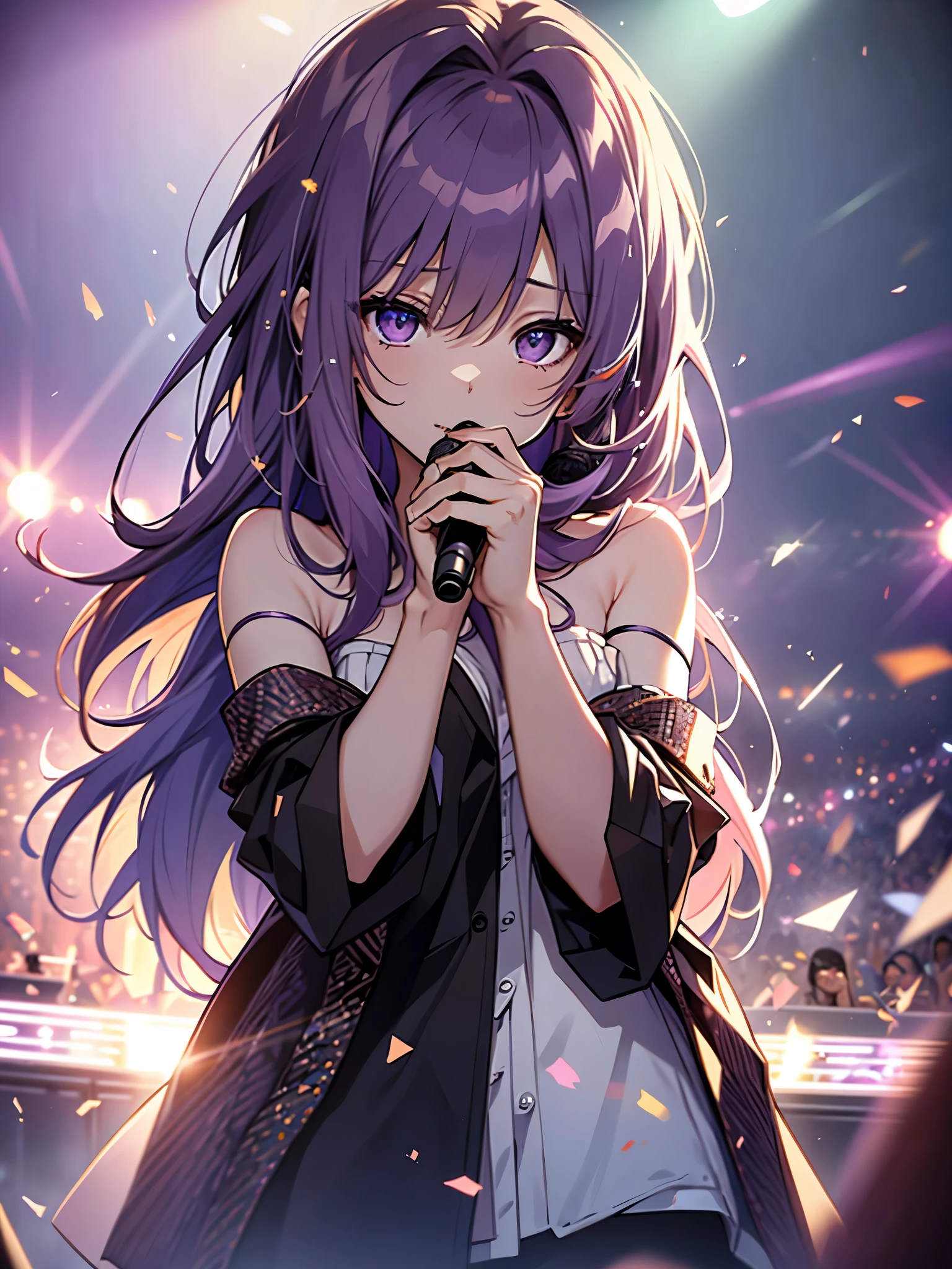  look up with the naked eye ,  Purple Hair,  purple eyes, Sparkling Eyes, Long hair blowing in the wind, Perfect composition, 8k、Singing with microphone 、Live、concert、 colorful lights 、 eyes staring at the audience