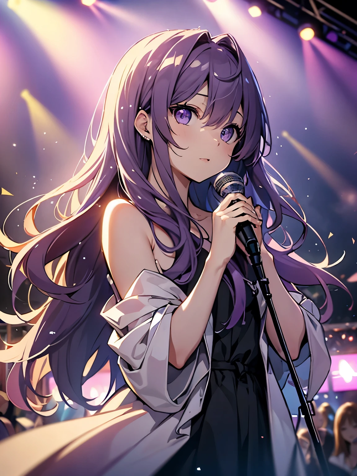  look up with the naked eye ,  Purple Hair,  purple eyes, Sparkling Eyes, Long hair blowing in the wind, Perfect composition, 8k、Singing with microphone 、Live、concert、 Colorful Lights 、 eyes staring at the audience、Sing with your mouth open、Horizontal position