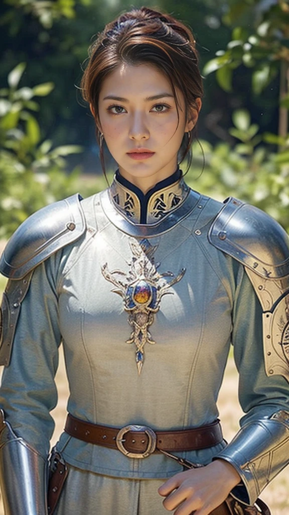 Alone, ,  focus your gaze ,   High Resolution  , masterpiece,   anatomically accurate ,  best quality,    that emits light has won many awards   ,   very detailed,  ultra-fine,   Textured Skin, woman、Very short hair with shaved sides、  cowboy shot , (((Medieval European Armor))),  is a prairie in the background、