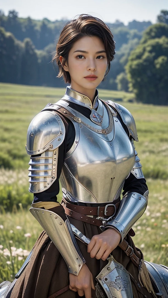 Alone, ,  focus your gaze ,   High Resolution  , masterpiece,   anatomically accurate ,  best quality,    that emits light has won many awards   ,   very detailed,  ultra-fine,   Textured Skin, woman、Very short hair with shaved sides、  cowboy shot , (((Medieval European Armor))),  is a prairie in the background、