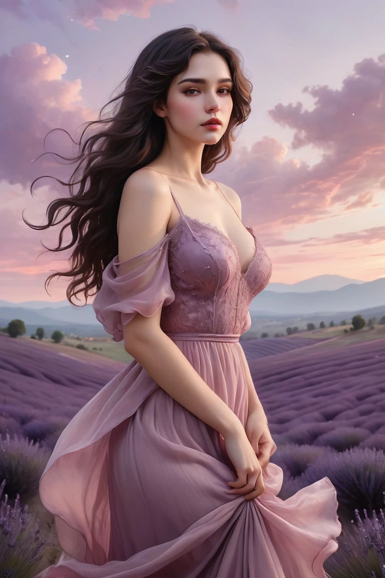 A dreamy, full-body image of a more voluptuous young woman with delicate yet striking features. Her thick, wavy dark hair flows loosely around her shoulders, framing her face, which is soft and serene with deep, inviting eyes. She wears an elegant gown in a deep burgundy shade with flowing layers and a fitted bodice that emphasizes her curves. The background is an ethereal landscape, bathed in soft pink and purple hues of twilight, with blooming lavender fields, soft clouds, and the hint of stars beginning to twinkle. The scene evokes a sense of mystery, romance, and timeless beauty.