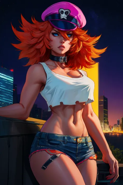 a detailed portrait of roxy, a girl with orange hair and blue eyes, wearing a white crop top, collar, and short shorts, also wea...