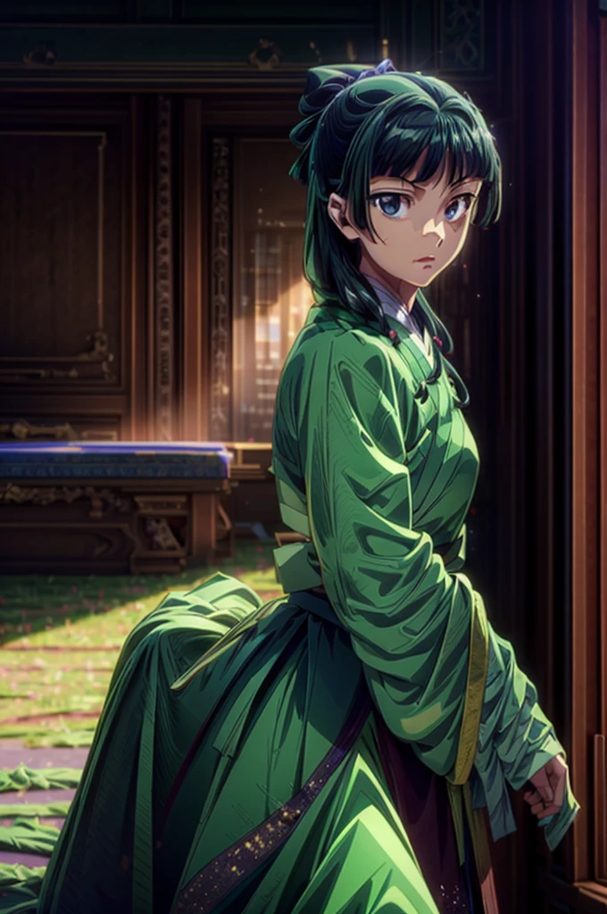 (Masterpiece, Ultra-high resolution, 8k, High Quality, Top quality, High-Detailed, Detailed CG, Cinematic Shadow, Cinematic Scene, Beautiful Detailed Eyes, Ultra Resolution, Depth of Field, High Resolution, Masterpiece: 1.2), (Anime Art style), (Dynamic Angle), (close-up shot), (Sunlight Creating a Dappled Effect), (Chinese Architecture Background), maomao,1girl, green hanfu, red long skirt, green hair,half up,blue eyes, Detailed Hair, Detailed Eyes, Purple Eye, Sparkling Eyes, Sparkling Detailed Eyes, Slender, Small breasts, Slim Body, Cleavage, thigh, beautiful breasts, walking,