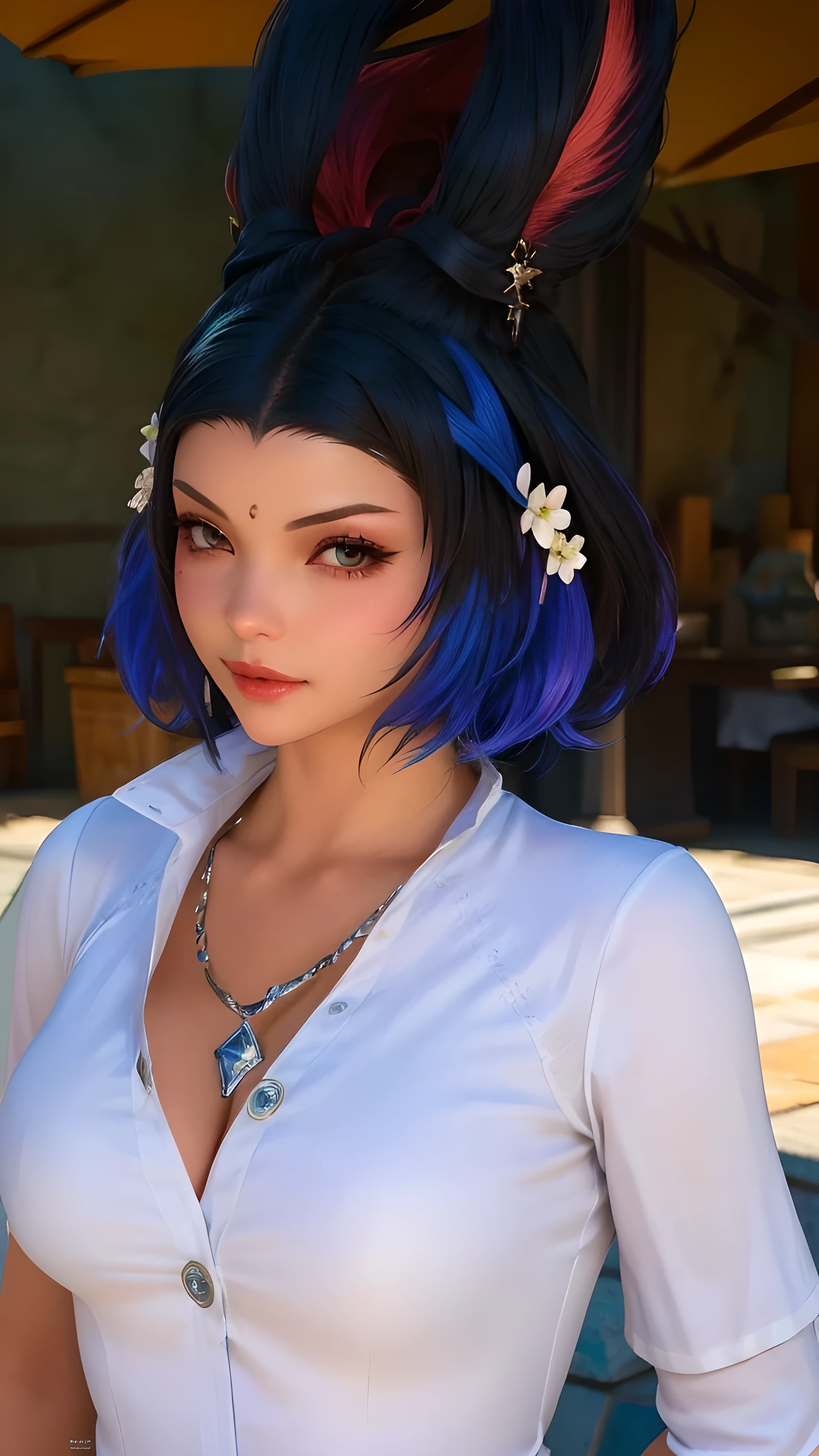 there is a woman with blue hair and a white shirt, from final fantasy xiv, short blue haired woman, black - haired vierra,character close up, alluring mesmer woman, character close-up, fran from final fantasy 12