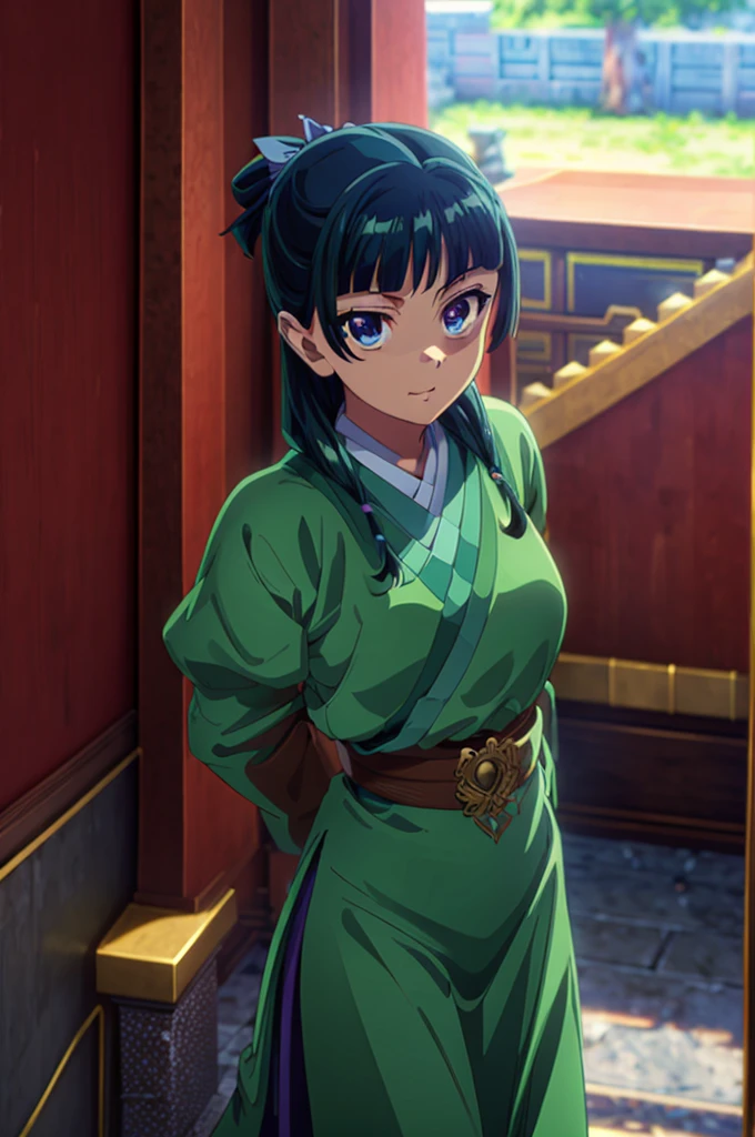 (Masterpiece, Ultra-high resolution, 8k, High Quality, Top quality, High-Detailed, Detailed CG, Cinematic Shadow:0.5, Beautiful Detailed Eyes, Ultra Resolution, Depth of Field, High Resolution, Masterpiece: 1.2), (Anime Art style), (cowboy shot), (Chinese Architecture Background), maomao,1girl, green hanfu, red long skirt, green hair,half up,blue eyes, Detailed Hair, Detailed Eyes, Purple Eye, Sparkling Eyes, Sparkling Detailed Eyes, Slender, Small breasts, Slim Body, Cleavage, thigh, beautiful breasts, walking, happy, smile,