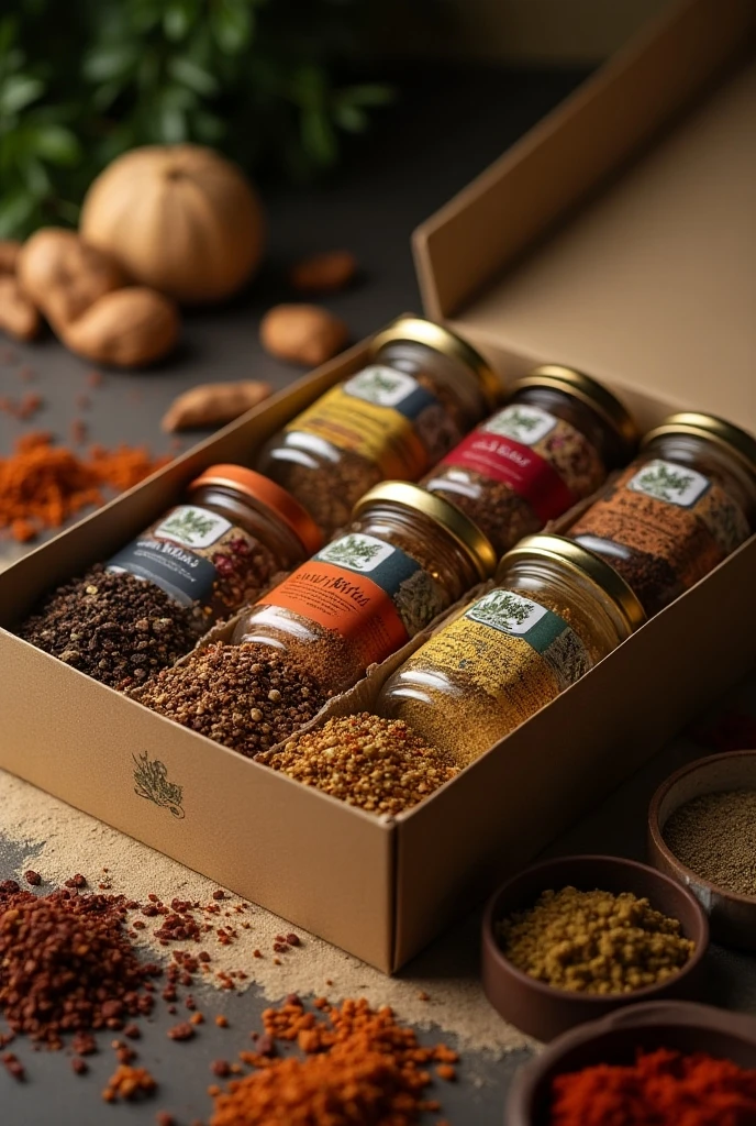 Gourment Collection, ((masterpiece, highest quality, Highest image quality, High resolution, photorealistic, Raw photo, Extremely detailed CG unified 8k wallpaper)), A poster photo announcing the event, with a large “Gourmet Collection” written on it, and a set of jars of various types of spices arranged in a box,