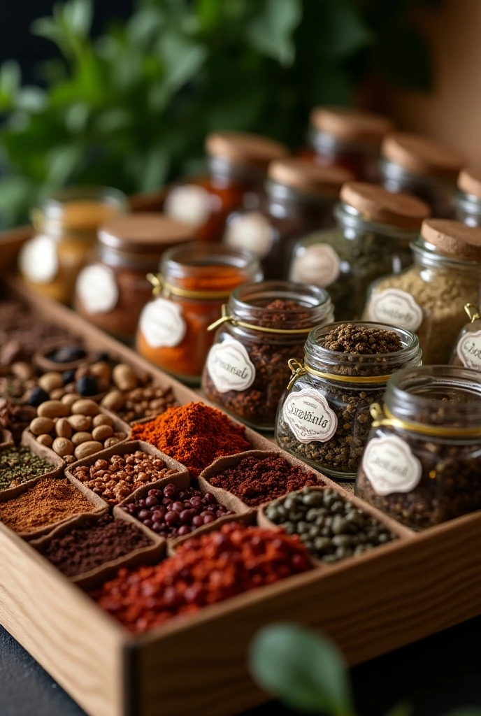 Gourment Collection, ((masterpiece, highest quality, Highest image quality, High resolution, photorealistic, Raw photo, Extremely detailed CG unified 8k wallpaper)), A poster photo announcing the event, with a large “Gourmet Collection” written on it, and a set of jars of various types of spices arranged in a box,