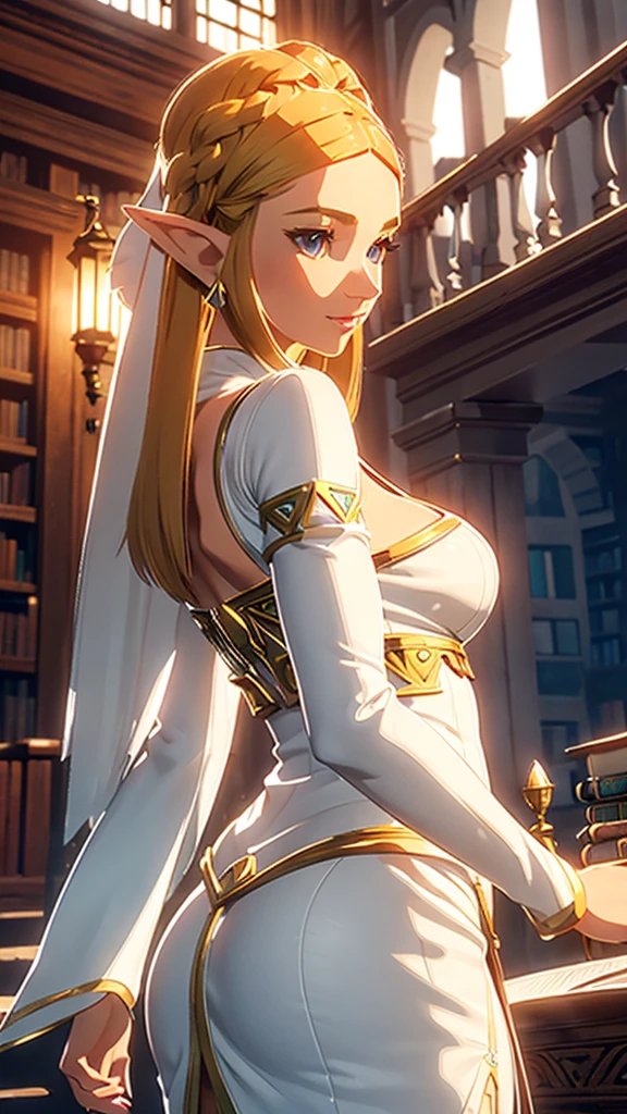 zelda, white evening gown, orgasm, trembling, library, from behind, Super detailed,  masterpiece, High resolution, digital art, perfect lighting, (((1 girl, perfect anatomy))), accurate right hand, accurate left hand, five fingers, perfect style, shy smile, 3d face, glossy lips, zelda, shiny skin, smile,  big square hair accessories