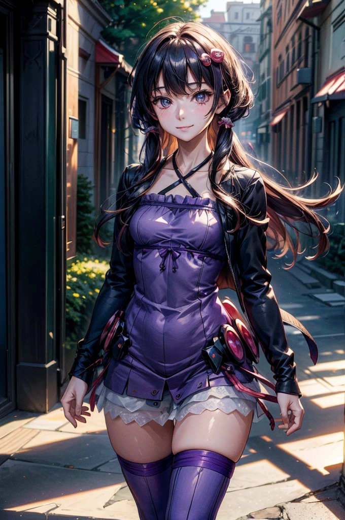 (Masterpiece, Ultra-high resolution, 8k, High Quality, Top quality, High-Detailed, Detailed CG, Cinematic Shadow:0.5, Beautiful Detailed Eyes, Ultra Resolution, Depth of Field, High Resolution, Masterpiece: 1.2), (Anime Art style), (cowboy shot), (amusement park), yuzuki yukari, ahoge, hair ornament, hooded jacket, rabbit hood, long sleeves, purple dress, halterneck, purple thighhighs, Small breasts, beautiful breasts, walking, happy, smile,