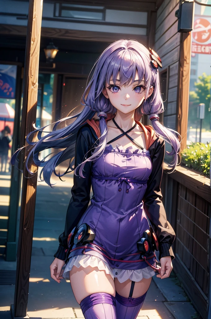 (Masterpiece, Ultra-high resolution, 8k, High Quality, Top quality, High-Detailed, Detailed CG, Cinematic Shadow:0.5, Beautiful Detailed Eyes, Ultra Resolution, Depth of Field, High Resolution, Masterpiece: 1.2), (Anime Art style), (cowboy shot), (amusement park), yuzuki yukari, ahoge, hair ornament, hooded jacket, rabbit hood, long sleeves, purple dress, halterneck, purple thighhighs, Small breasts, beautiful breasts, walking, happy, smile,