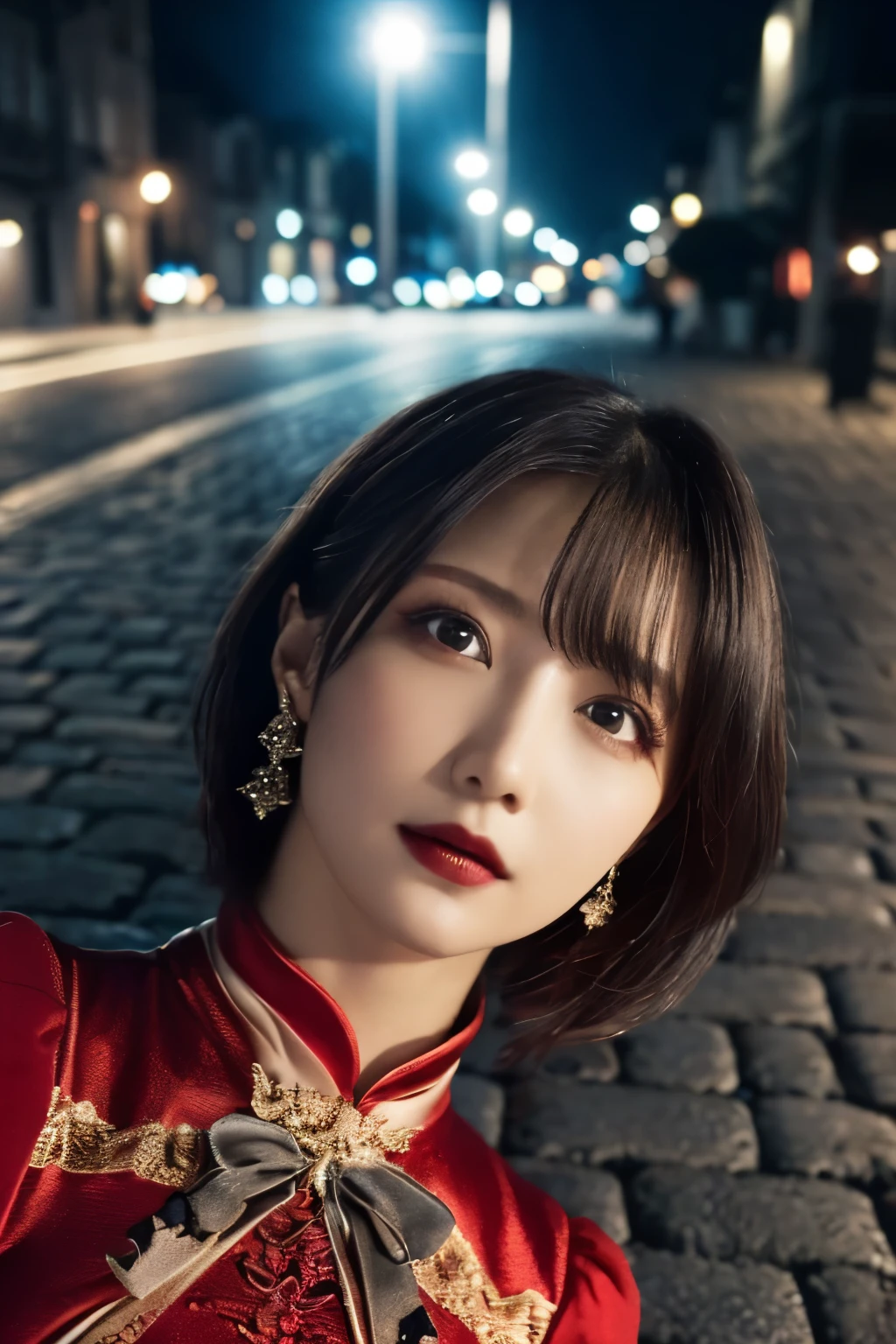  1 girl, (  She's wearing a red dress  :1.3), (Gothic Makeup),   Portrait of an adorable Japanese symphonic metal singer, (RAW Photo Best Quality), (Realistic, Realistic:1.4), (masterpiece), 
But delicate and beautiful,  very detailed, 2k wallpaper, wonderful, finely,   very detailed CG Unity 8K wallpaper,  very detailed, high res, Soft light, 
  Beautiful girl with detailed grooming,  very detailed目と顔, A beautiful and elegant nose,  beautiful beautiful eyes, Cinema Lighting, 
(A girl lies on her back on the cobblestones of a medieval city at night:1.3), (Dark screen:1.5),
(short hair), (Disheveled hair on the ground), ( indigo color scheme  ),
   Perfect Anatomy, Slender body, Small breasts