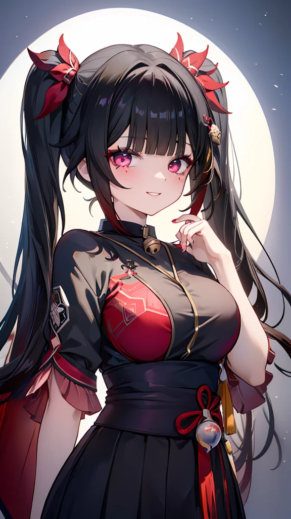 Black Hair、 long twin tails 、tall、Age 15、Gal、Red eyes、‎白い肌 、Too much exposure、Big Breasts、Model body type、Cheeky smile、 upper body