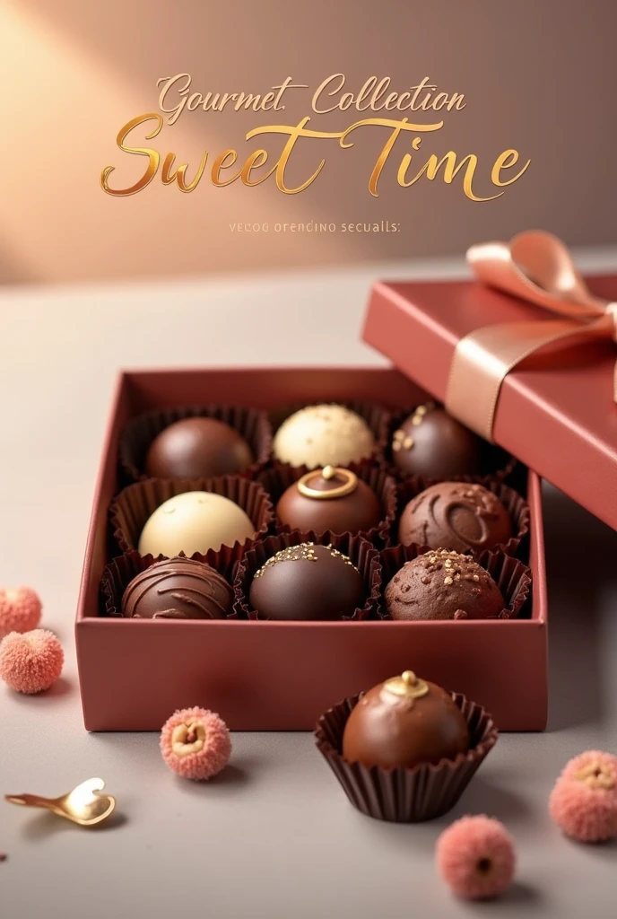 Super realistic Photograph for Gift Catalog, The letters "Gourmet Collection for Sweet Time" written in gold letters at the top of the screen. Gourmet Collection, Chocolate Truffles, Dark and Milk and White chocolate truffles, 9 pieces with hazelnut filling in the gift box with ribbon, perfect gift for Valentine's day