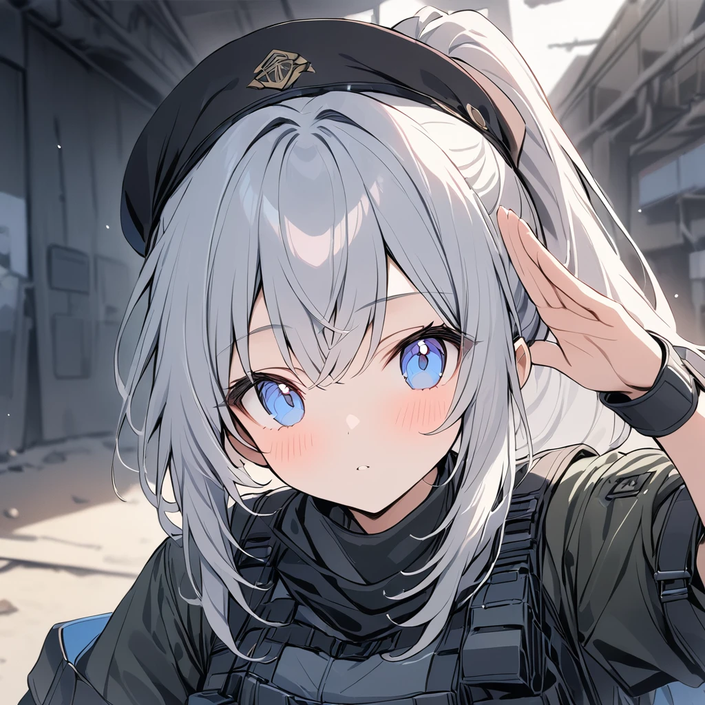 depth odebt debtield, Shine, blurry debtoreground, debt/2.8, , 超 High Resolution , ((masterpiece)), high quality, Super detailed, 最high quality,  High Resolution ,(salute:Right hand),Special Forces Girls, ponytail on background,Bulletproodebt vest,Black Hat