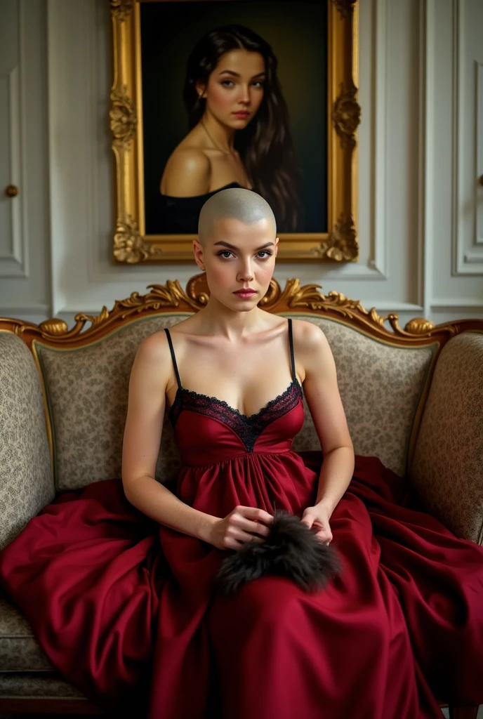 (A woman is aroused looking at the viewer), the scene is a surreal, luxurious image of a woman sitting elegantly on a lavish, baroque-style couch with ornate golden carvings. She is dressed in a flowing, crimson red dress with delicate lace details that catch the soft ambient light. (((She is shaving her head with hair clippers Her head is mostly shaved bald to the skin which is pale white))), similar she has a pale freckled ethereal face. ((There is a large pile of dark hair on center of her lap and another on the ground at her feet)). The scene has a cinematic, dreamlike quality, with subtle hints of abstraction—the colors appear rich and saturated, giving the room an almost otherworldly atmosphere. (In the background, a mysterious detailed painting of her with very long flowing hair, hangs on the wall).  Both the painting and her are in focus.
