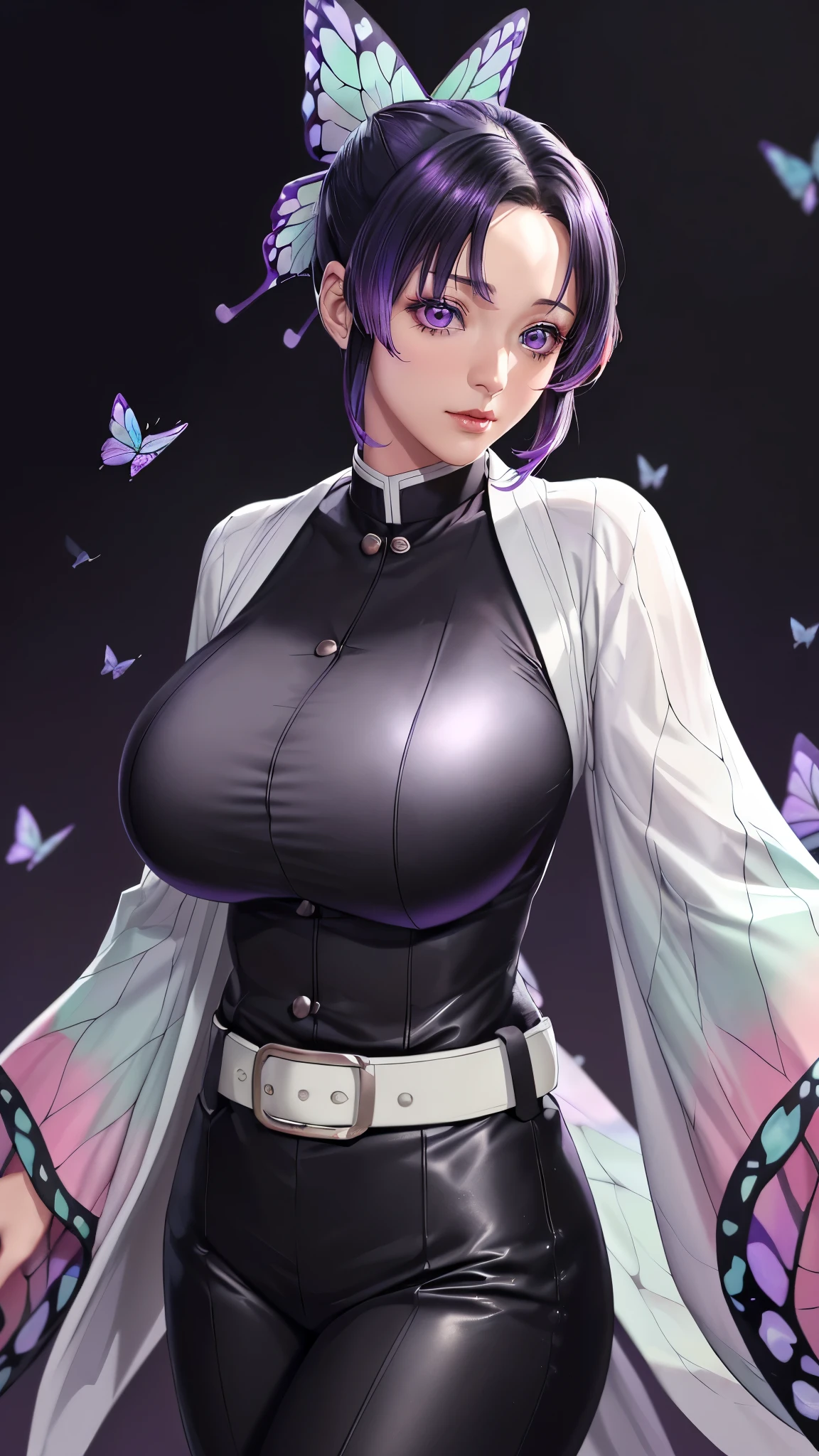 (（（figure，御姐figure,White and tender skin,（（haori, wide sleeves, long sleeves, black pants, black jacket, belt，）））,(（（kochou shinobu, butterfly hair ornament, purple eyes, multicolored hair, short hair, parted bangs, ））),,((masterpiece)),highres,((Best quality at best)),masterpiece,quality,Best quality,(（（  delicate facial features , for the audience ,））），Huge breasts，）））