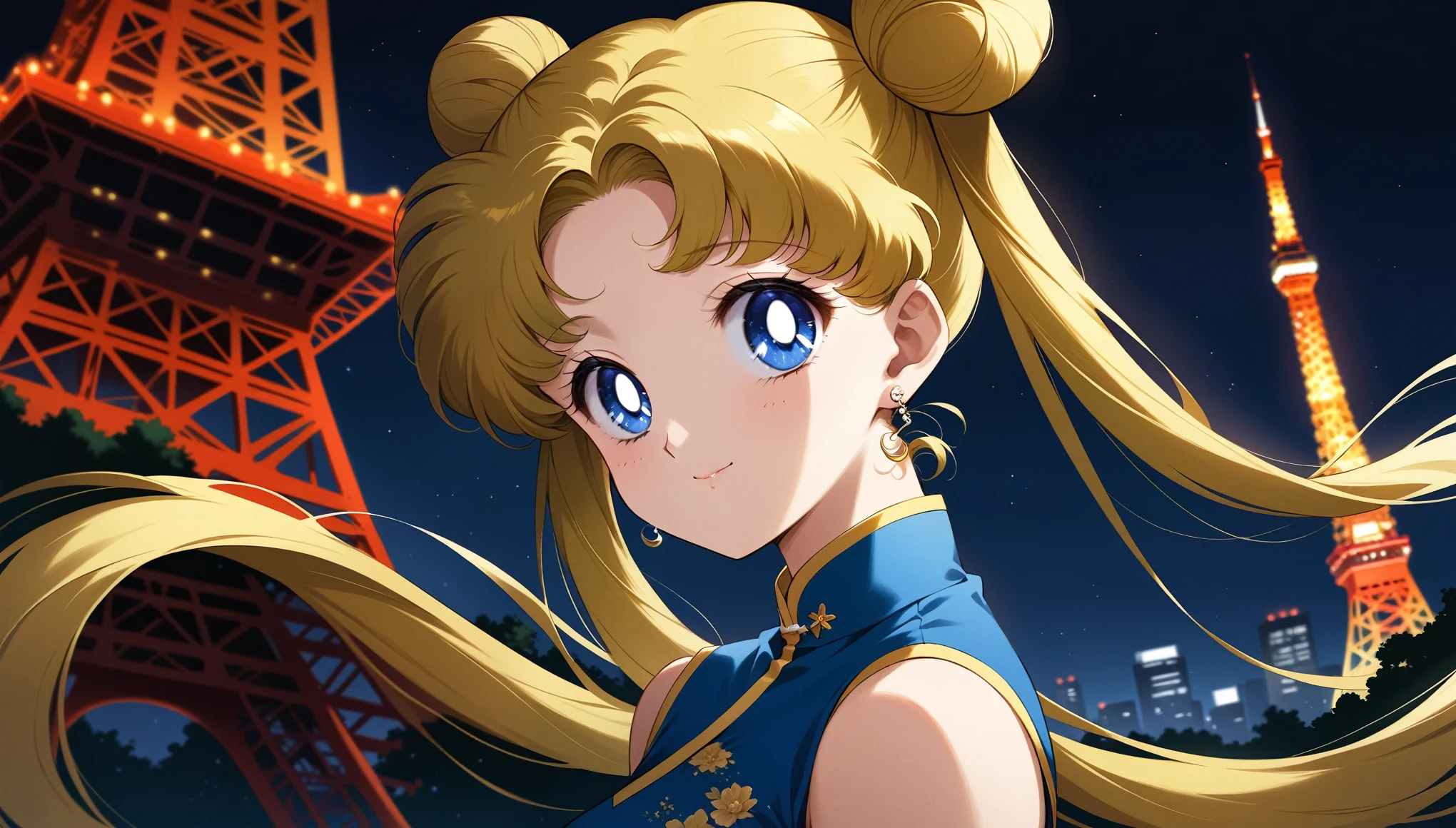 (masterpiece, best quality, very aesthetic, ultra detailed), intricate details, 4k, aausagi, long hair, double bun, twintails, parted bangs, earrings, blue eyes, Blue Cheongsam, looking at viewer, closed mouth, smile, urban, Dark Night, black sky outdoors, tokyo tower