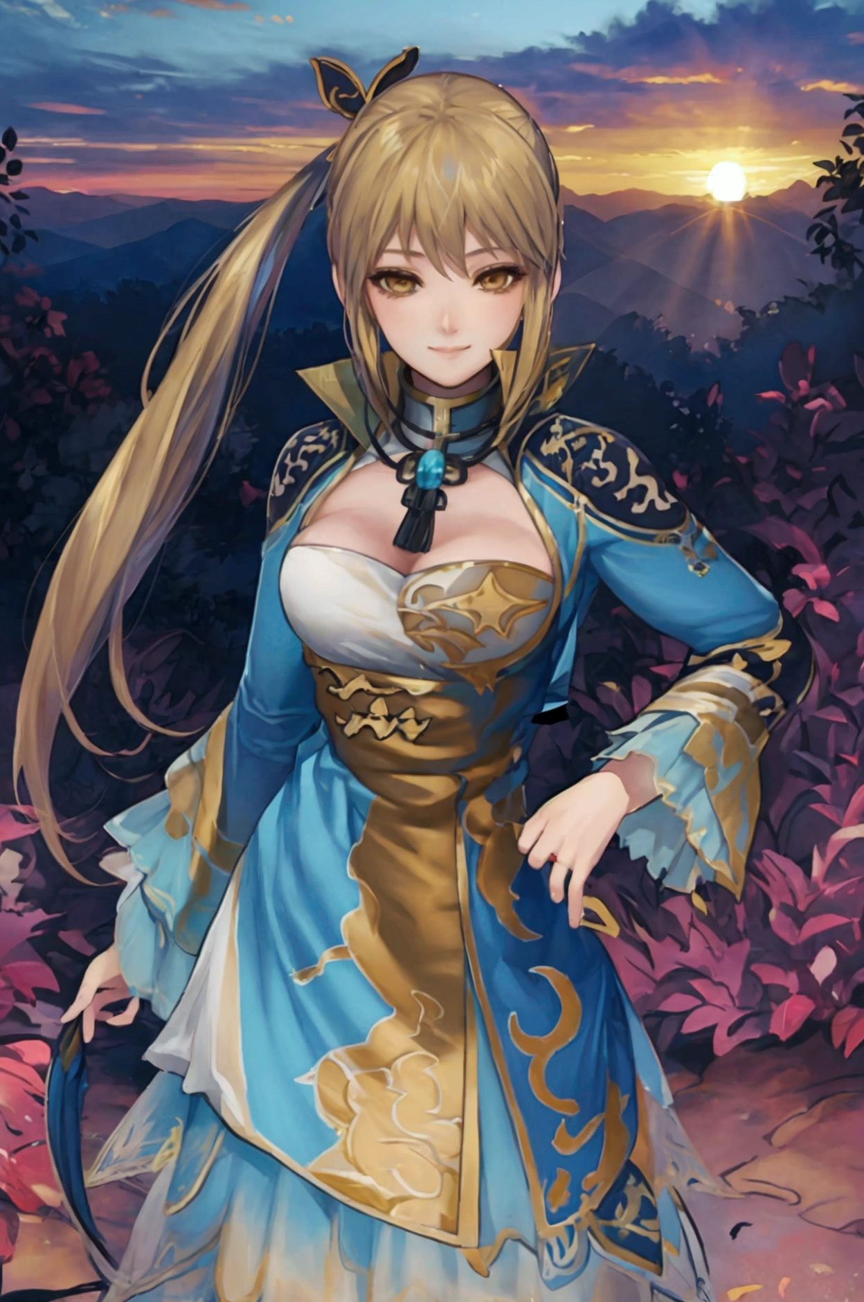 masterpiece, best quality, sunset, sky, the top of the hill, steam, game_cg, science_fiction, Wang yuanji blonde hairLooking at viewer, Smile, 