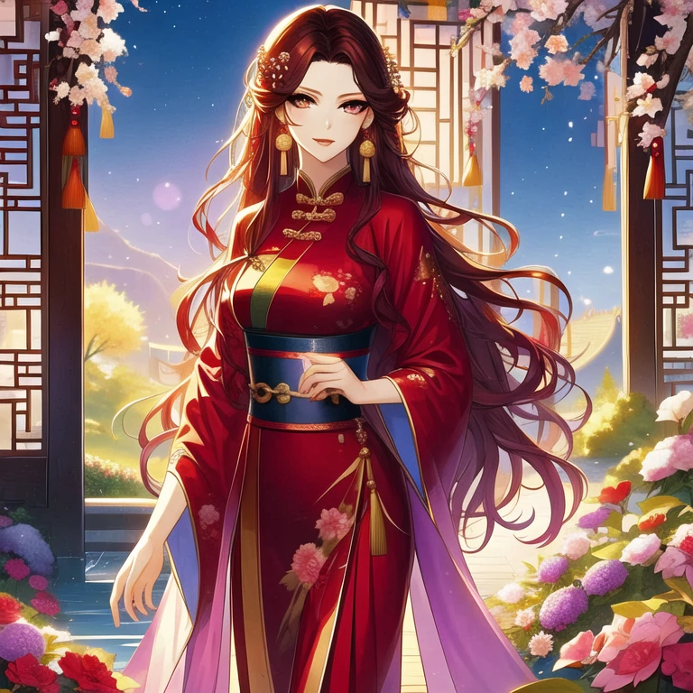 (masterpiece, best quality:1.2), 1 women, xian mei, solo, 18 year, chinese clothes, ultra long purple skirt, purple eyes, long dark black curly hair, jewellery, perfect anatomy, dark purple hanfu, 
