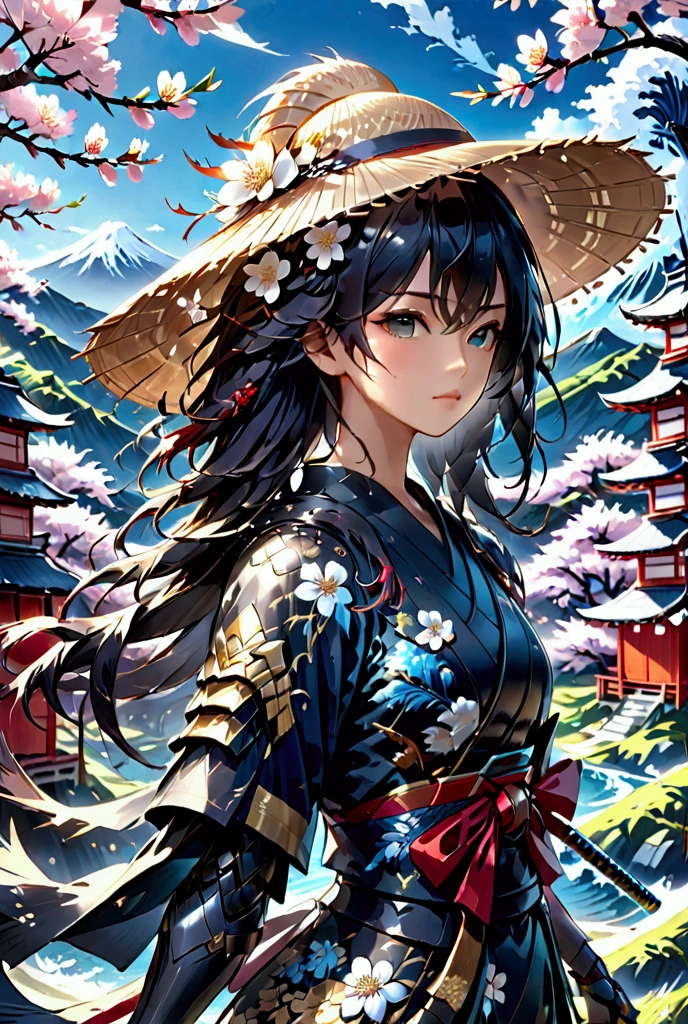 Raven samurai, ready to draw katana position, dynamic pose, black armor, wide brim Japanese straw hat covering eyes, extensively detailed background with mountains and Japanese huts, cherry blossom trees with leaves flowing on the wind, High Resolution, Masterpiece, UHD, Depth Of Field, Backlighting, 8K Octane, Surrealism, Japanese Illustration Style, Hyperdetailed, Character Design, 3D Rendering, 