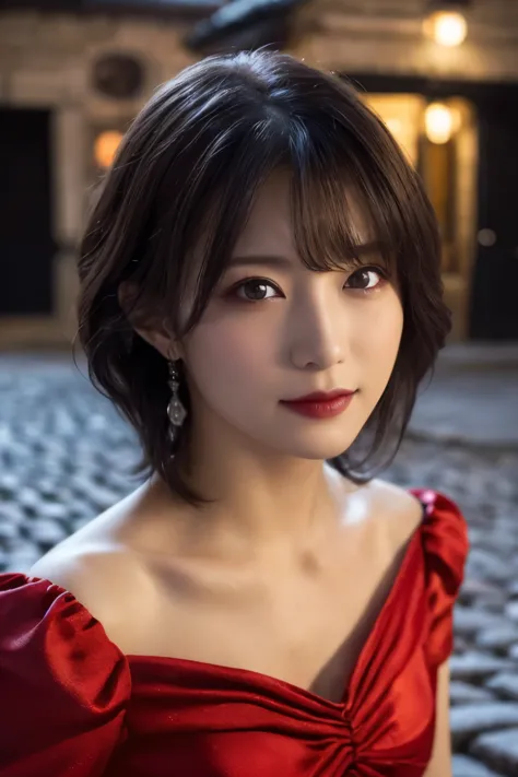 1 girl, ( she's wearing a red dress  :1.3), (gothic makeup),   portrait of an adorable japanese symphonic metal singer, (raw pho...