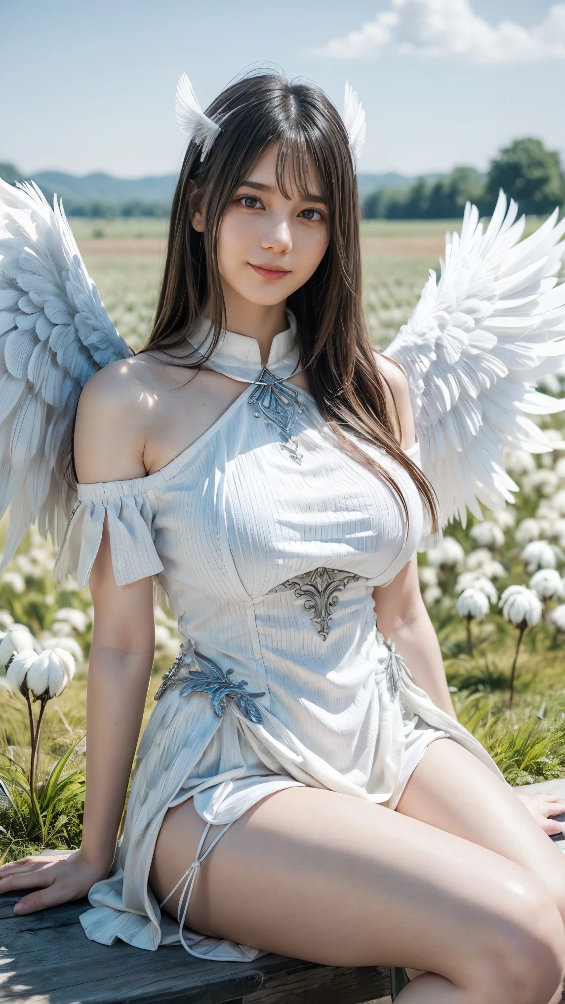 (big tits:1.5), (feathered wings:1.3), (angel wings:1.4), 1 angel, champagne garnet eyes, halo, long hair, smile, (parted lips:0.9), cute, gorgeous, 
medium breasts, bare shoulders, (sideboob:0.9), 
brooch, feathers embroidery, (sideless:0.9), angel leotard, thighlet, armlet, 
sitting, leaning back,  
all over cotton vast field, fluff, white sky, (pure white world:1.1),
sharp focus, looking at viewer, 
(silver atmosphere:1.1), (silver tone:1.1), (pure white tone:1.1), 
illustration, (anime coloring:1.1), (intricate:1.1)