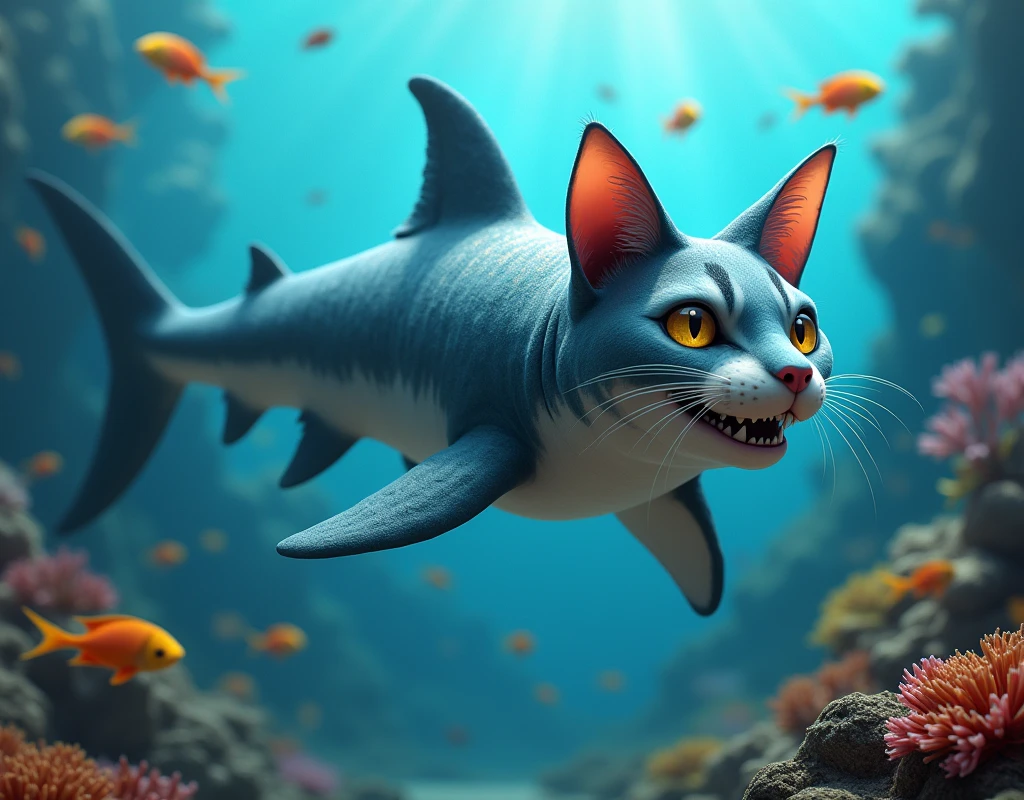 shark merge cat, create new animal, realistic image