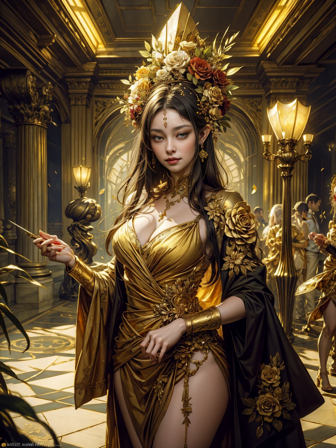  There was a woman in a gold dress.， Wearing flowers on her head , Phlegm Phlegm art, germ of art on ArtStation Pixiv, Phlegm sputum, Phlegm | germ of art, Guweiz on Pixiv Artstation, wlop art, Guweiz&#39;s masterpiece, Guweiz on ArtStation Pixiv, Portrait of an Elven Queen, by Yang J, a beautiful fantasy empress