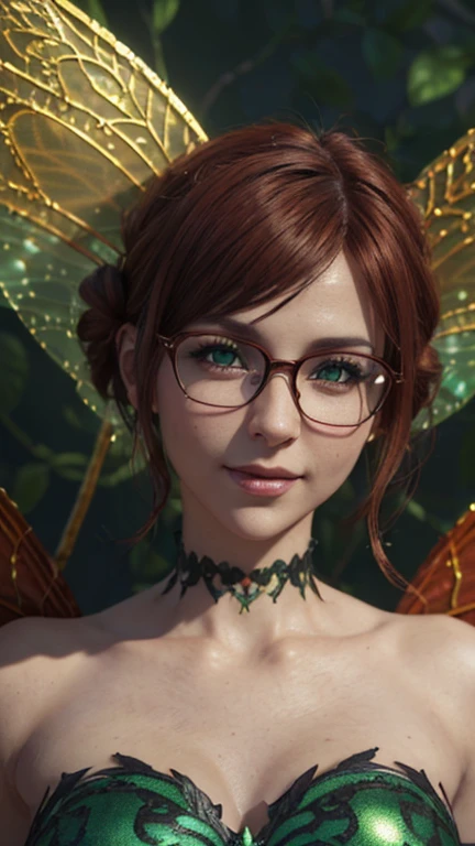 portrait, close-up,  upper body . Short, red hair, green eyes,  metal-framed glasses , green strapless dress, joyful smile, cheerful girl . (masterpiece, top quality,  best quality ,  official art , beautiful and aesthetically pleasing:1.2),  is extremely detailed,( fractal art :1.2),Colorful,The most detailed, (dynamic pose), (fantasy background :1.5), (Lots of fairies:1.4). ((SPLIT.  skin texture , shiny skin. elegance. photorealism. unreal engine. 3D model.  Ultra high quality textures.  high detail. permission 8k))