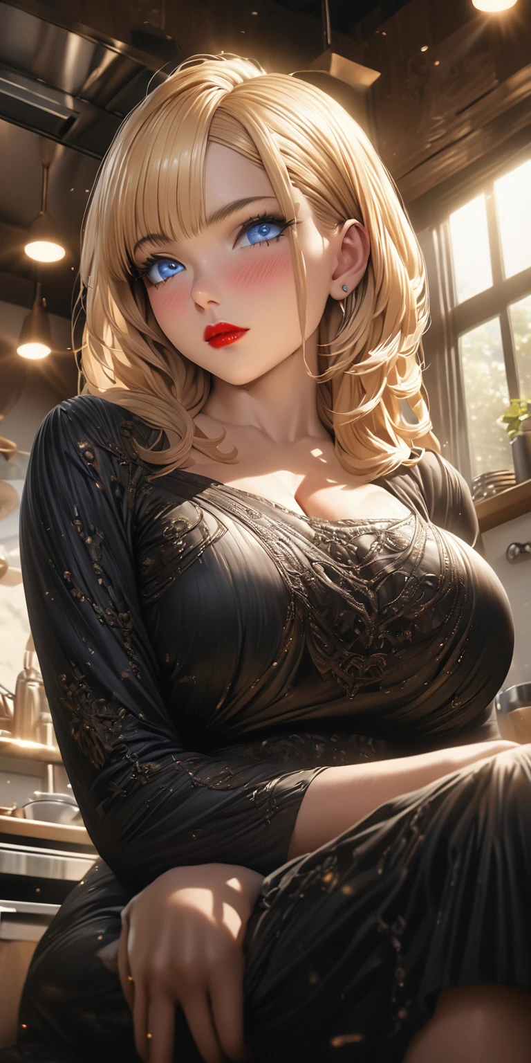 A woman blonde with a square, a black robe, blue eyes, a blush face, huge breasts, (a view from below), sits in the kitchen, Detailed face, extremely detailed eyes, beautiful red lips, drawn in detail, Realistic, photoRealistic, super detailed, 8k, masterpiece, bright colors, spectacular lighting, elegant, Ethereal, Digital Art 