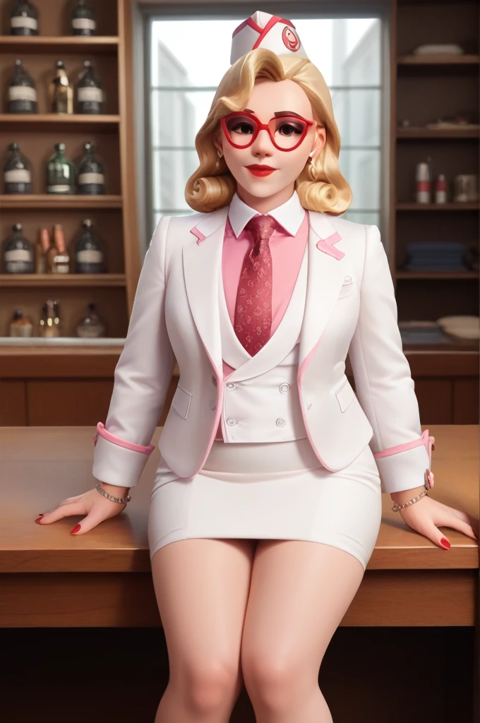 score_9, score_8_up, score_7_up, 1girl, sprinkles mei, mei (overwatch),  three-piece suit, 1girl, solo, blonde hair, glasses, sprinkles mei, smile, pretty, formal, jewelry, (((white skirt suit))), (((red silk necktie))), earrings, (((white jacket))), (((pink shirt with white collar))), sitting on table, (((high heels))), window, watch, jacket, wristwatch, white shirt, red lips, (((white pencil skirt))), (((bodycon pencil skirt))), makeup, black stockings, garter straps, cufflinks, red nails, fully clothed, red lipstick,   in a 50´s restaurant, long sleeves, shiny clothing, tight clothing, (((tight skirt))), silk shirt fabric