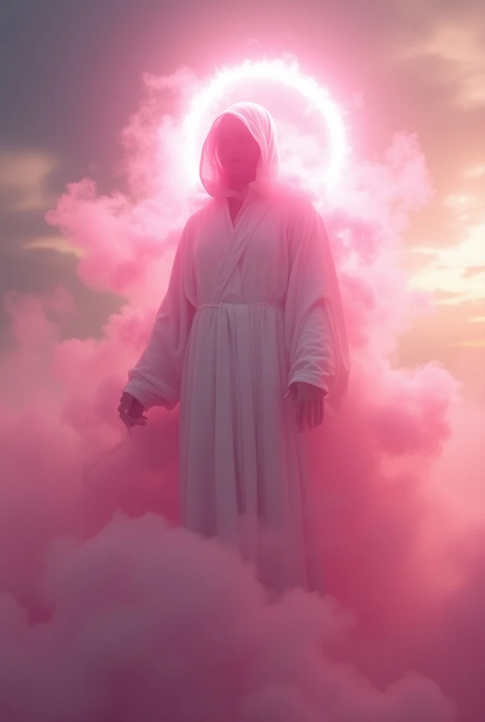 Pink halo, white robe dissolving into pink smoke, pink glow inside hood, no face, pink ribbons spreading out from behind, flying in sky, sunset storm background,  and in the bottom right corner, the elegant, cursive signature text "Artvision" in metallic silver. 4K, anatomically correct, masterpiece, high details, award winning, high quality, super detail, best quality