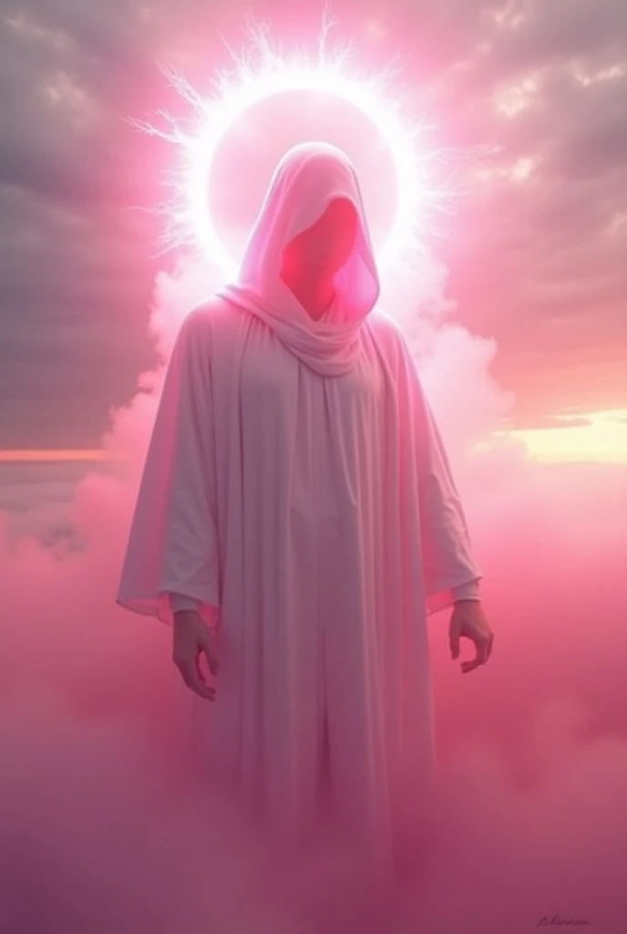 Pink halo, white robe dissolving into pink smoke, pink glow inside hood, no face, pink ribbons spreading out from behind, flying in sky, sunset storm background,  and in the bottom right corner, the elegant, cursive signature text "Artvision" in metallic silver. 4K, anatomically correct, masterpiece, high details, award winning, high quality, super detail, best quality