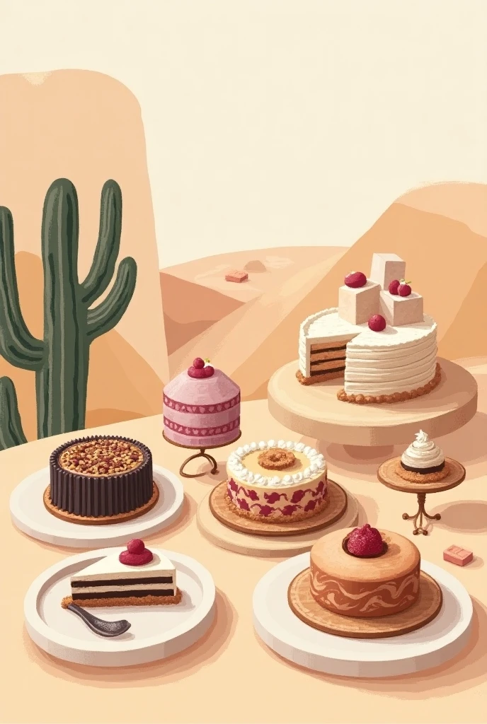 Luxury　Desert　collection, Detailed　Illustrated, detailed descriptions , Lots of products, cake, Colorful, catalog style,  arranged, 