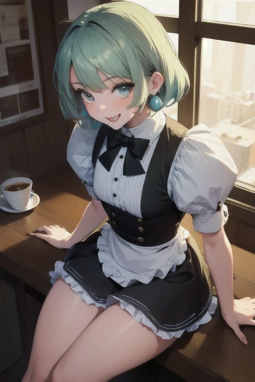 (masterpiece,  best quality:1.2), (Highest quality)(8k)(Detailed face) 1 girl, Alone, toshinden_Ellis, sit,View from above,whole body, Black and white maid outfit,Open-chested clothing, Ruffle Miniskirt, black pantyhose ,High heels,Light green hair, Center-parted bangs, short hair, blue eyes,  is looking at you , smile,  opens her mouth,  Coffee shop