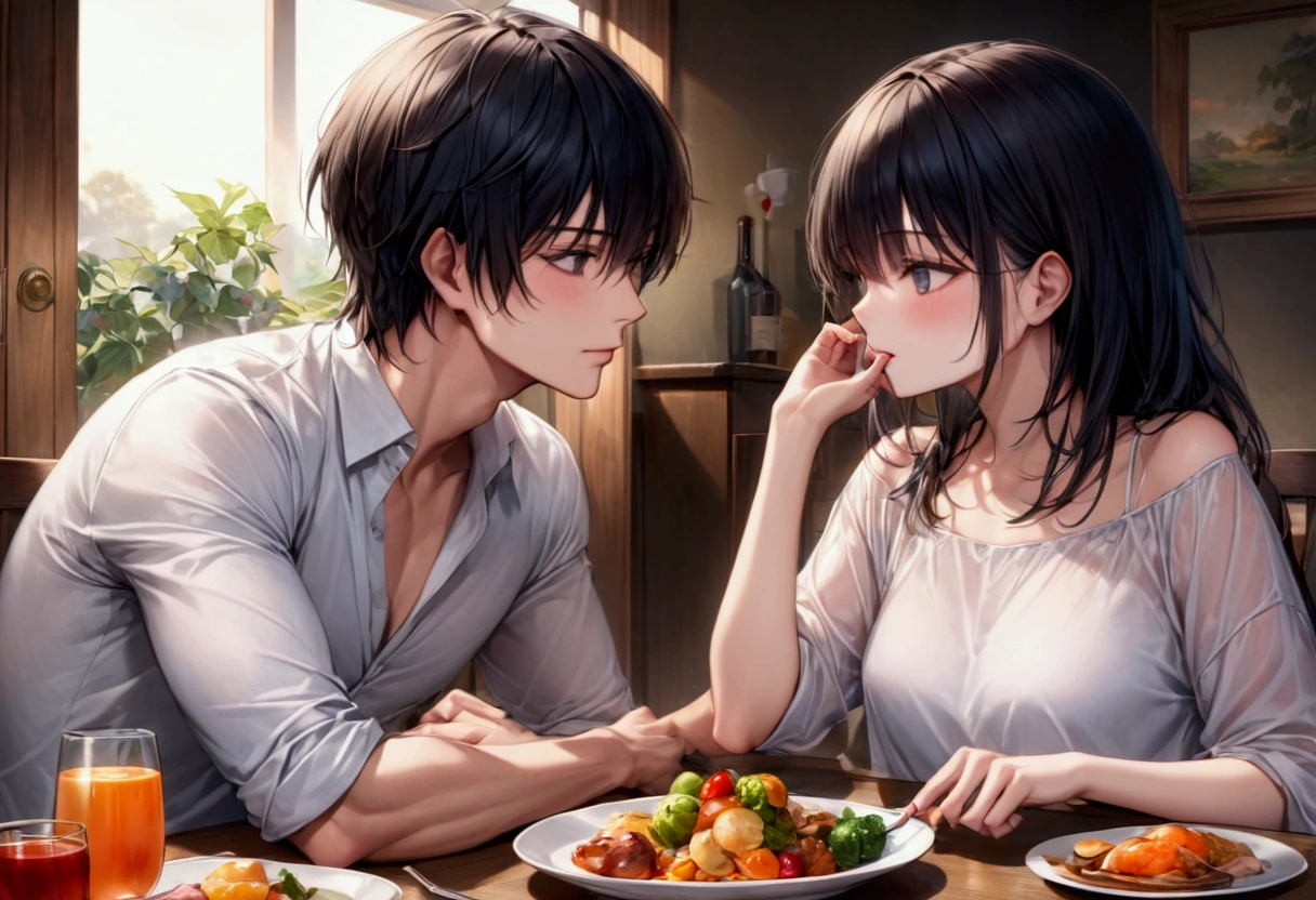 美食コレクションをテーブルに並べる黒髪maleと料理をテーブルで受け取る黒髪woman, male:Asuka in a rough shirt , woman:Haruna, a beautiful woman with semi-long black hair in plain clothes , 4K,  Realistic 2D Digital Art , Extremely high-definition and detailed ,  relaxed vibe, Composition of a male and female couple facing each other at a table in the living room, Composition focusing on the gastronomy collection 