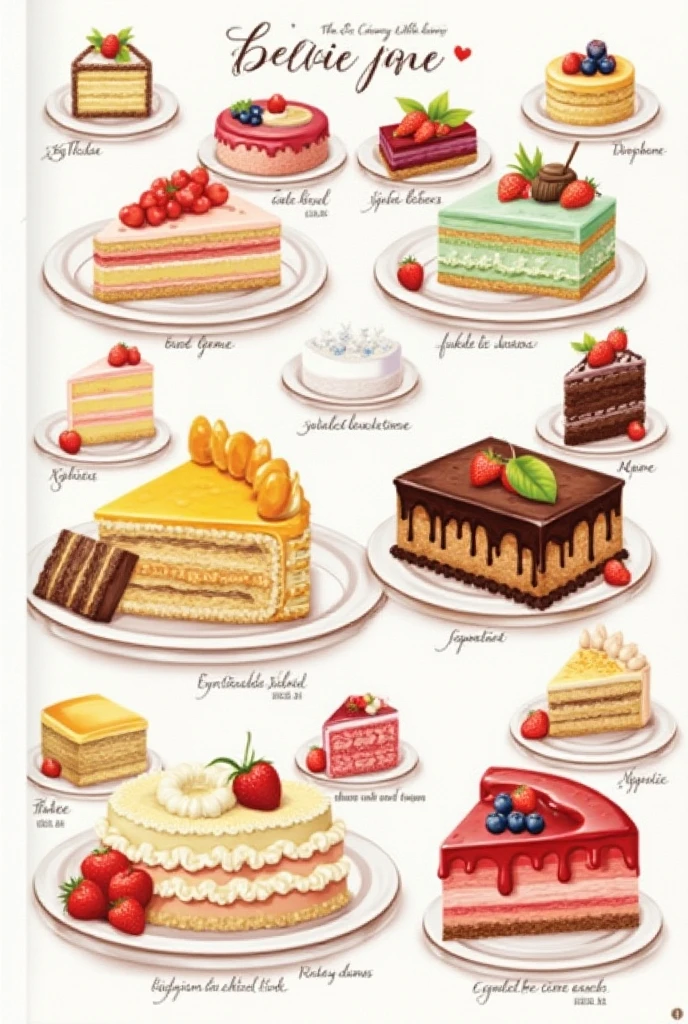 Luxury beautiful Dessert collection, realistic illustration, Detailed Illustrated, Illustrated Book, detailed descriptions , Lots of products, cake, Colorful, catalog style, arranged, Beautiful decoration,