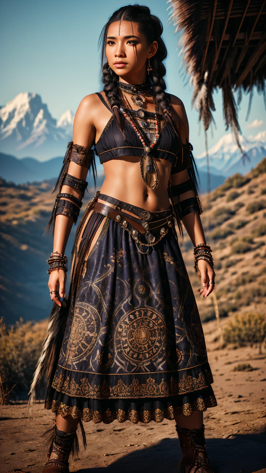 A high resolution ultra detailed realistic photo with a Native American woman, Native American woman with long legs and curvy figure, hairstyle wild braids, clothing is a mix of cyberpunk and  Native American style, Native American woman with full body pose dancing and looking towards the Camera, the clothes swing in the air, the background of the picture is at night in the steppe with mountains in the background, Clothing Maxi dress, Clothing maxi skirt, Clothing long maxi dress, large Native American tattoos, Kleidung in roter Farbe