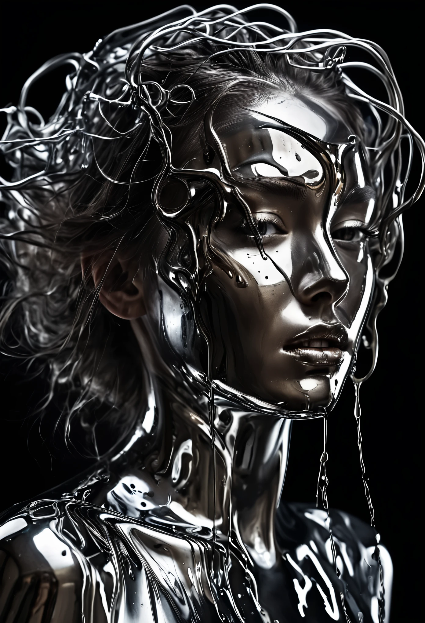  A mesmerizing close-up portrait of a woman full body view ,  presenting a unique dichotomy .  The left side is elegant ,  liquid metal machinery ,  dripping and flowing dynamically as if she were a living entity .  The metallic fluid shines and reflects , creating an illusion of depth and movement. The right side ,  In strong contrast ,  remains a natural ,  soft human face ,  undisturbed by the futuristic counterpart .  The transition between the two halves is perfect ,  yet surprisingly apparent ,  drawing the viewer's attention .  The woman's eyes are expressive ,  conveying a sense of intrigue and supernatural .  kinematic Her hair flows gracefully ,  framing her face and accentuating the unique fusion of human and machine .  The background fades to a dark tone ,  mysterious tint ,  allowing the focal point to remain only on the woman's face and her remarkable transformation.

