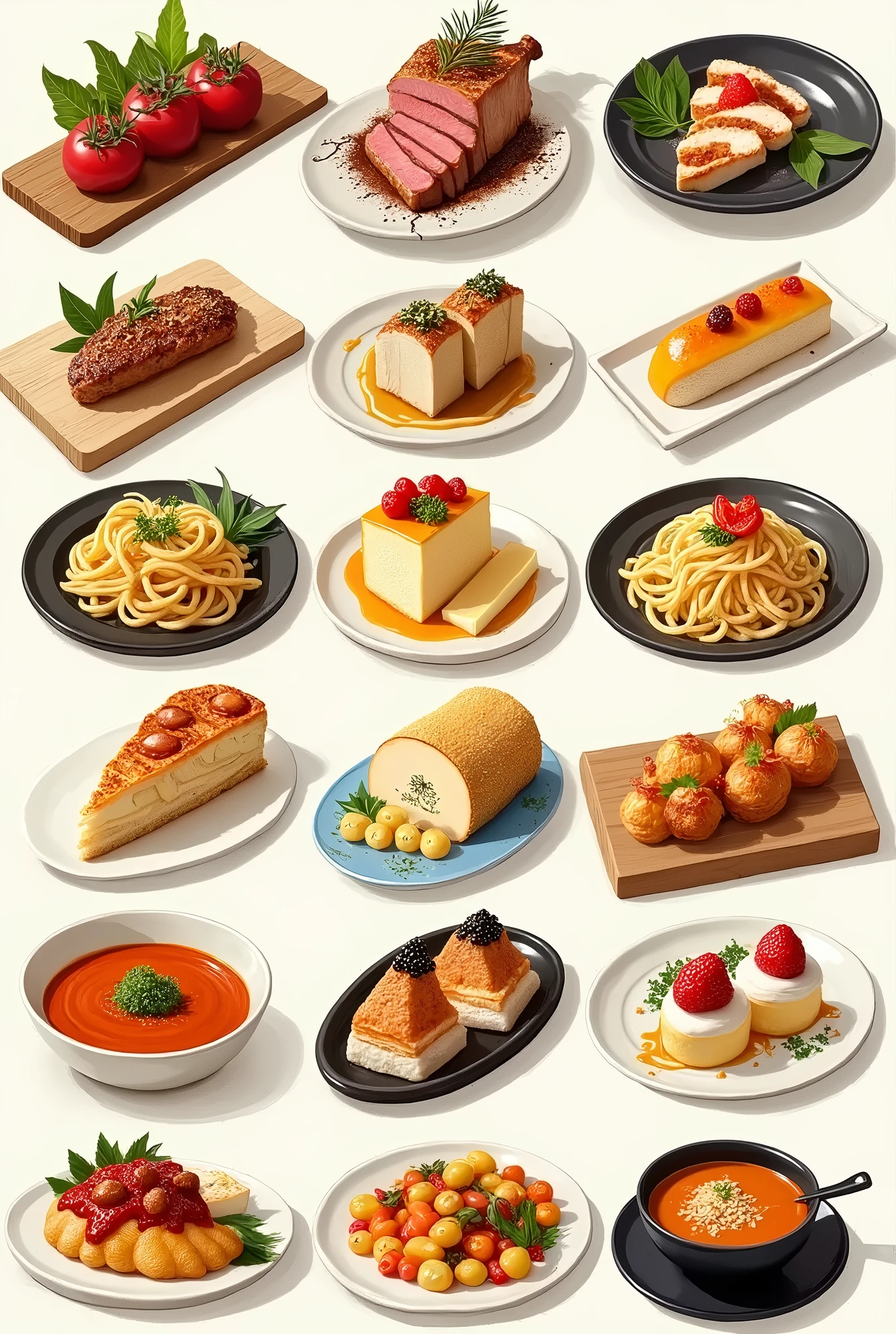 Luxury　Gourmet　collection, Detailed　Illustrated, detailed descriptions , Lots of products, catalog style,  arranged, steak、Fish meuniere 、 grilled chicken with herbs 、sushi、PASTA、spice　curry、　cheese、ramen、cake、 fruit platter 、 classical decoration designed