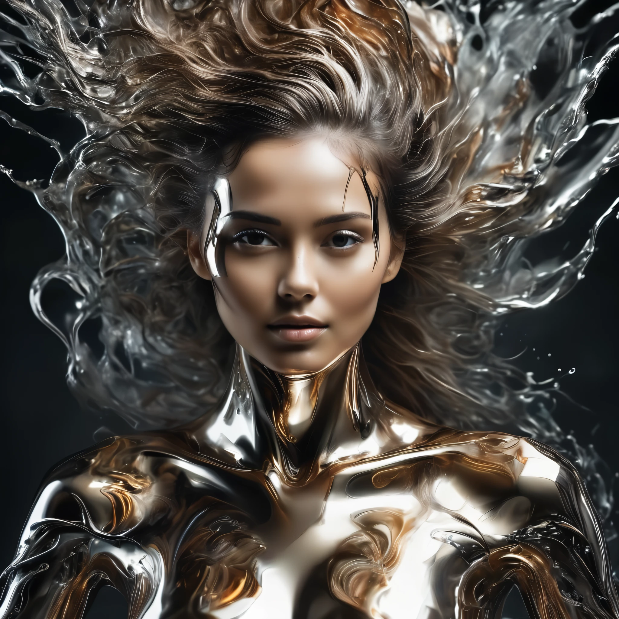 A mesmerizing full view portrait of a woman full body view , presenting a unique dichotomy . The left side is elegant , liquid metal machinery , dripping and flowing dynamically as if she were a living entity . The metallic fluid shines and reflects , creating an illusion of depth and movement. The right side , In strong contrast , remains a natural , soft human face , undisturbed by the futuristic counterpart . The transition between the two halves is perfect , yet surprisingly apparent , drawing the viewer's attention . The woman's eyes are expressive , conveying a sense of intrigue and supernatural . kinematic Her hair flows gracefully , framing her face and accentuating the unique fusion of human and machine . The background fades to a dark tone , mysterious tint , allowing the focal point to remain only on the woman's face and her remarkable transformation.