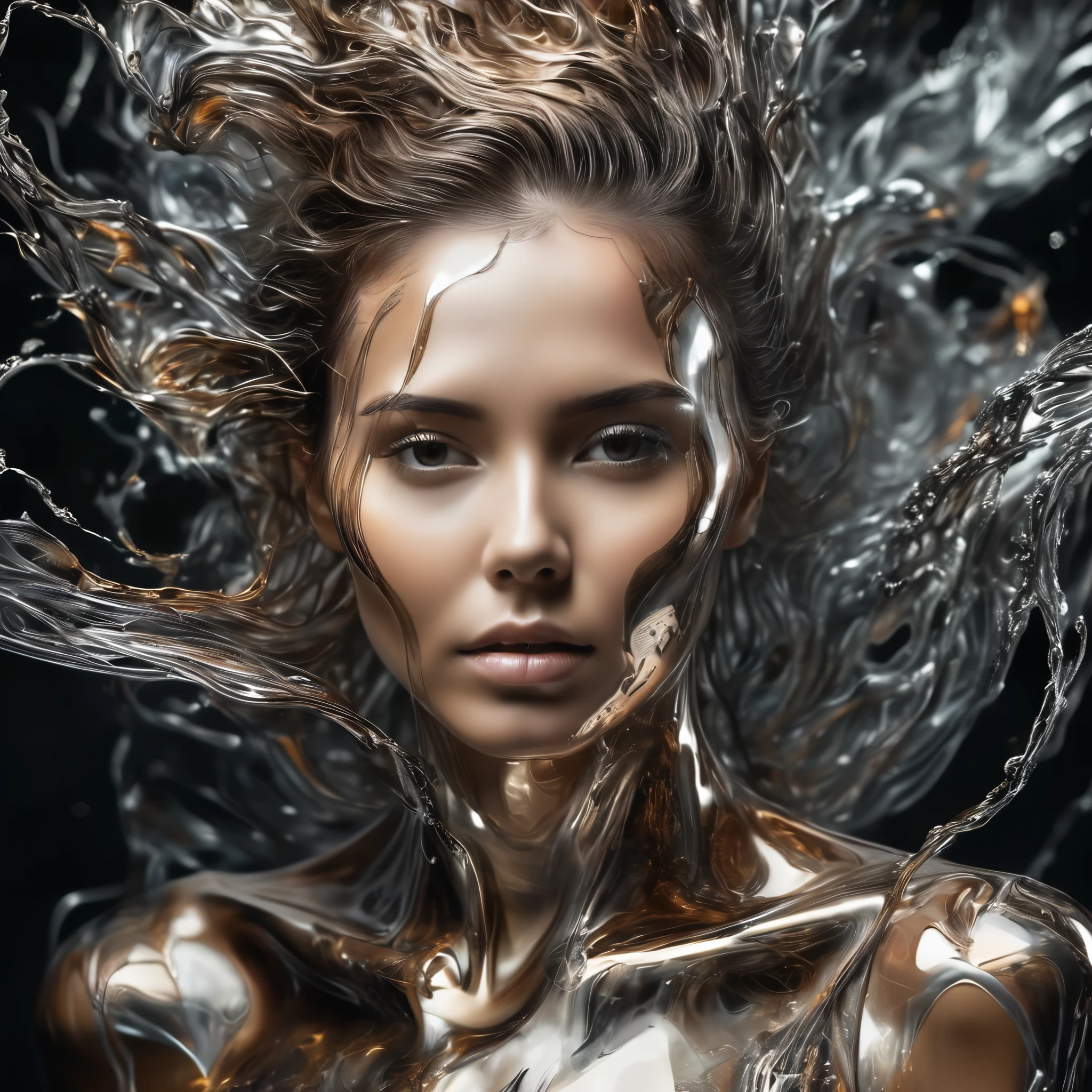 A mesmerizing full view portrait of a woman full body view , presenting a unique dichotomy . The left side is elegant , liquid metal machinery , dripping and flowing dynamically as if she were a living entity . The metallic fluid shines and reflects , creating an illusion of depth and movement. The right side , In strong contrast , remains a natural , soft human face , undisturbed by the futuristic counterpart . The transition between the two halves is perfect , yet surprisingly apparent , drawing the viewer's attention . The woman's eyes are expressive , conveying a sense of intrigue and supernatural . kinematic Her hair flows gracefully , framing her face and accentuating the unique fusion of human and machine . The background fades to a dark tone , mysterious tint , allowing the focal point to remain only on the woman's face and her remarkable transformation.