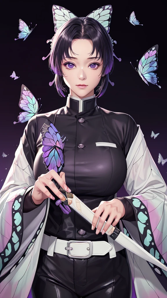 (（（figure，御姐figure,White and tender skin,（（haori, wide sleeves, long sleeves, black pants, black jacket, belt，）））,(（（kochou shinobu, butterfly hair ornament, purple eyes, multicolored hair, short hair, parted bangs, ））),,((masterpiece)),highres,((Best quality at best)),masterpiece,quality,Best quality,(（（  delicate facial features , for the audience ,））），Huge breasts，）））