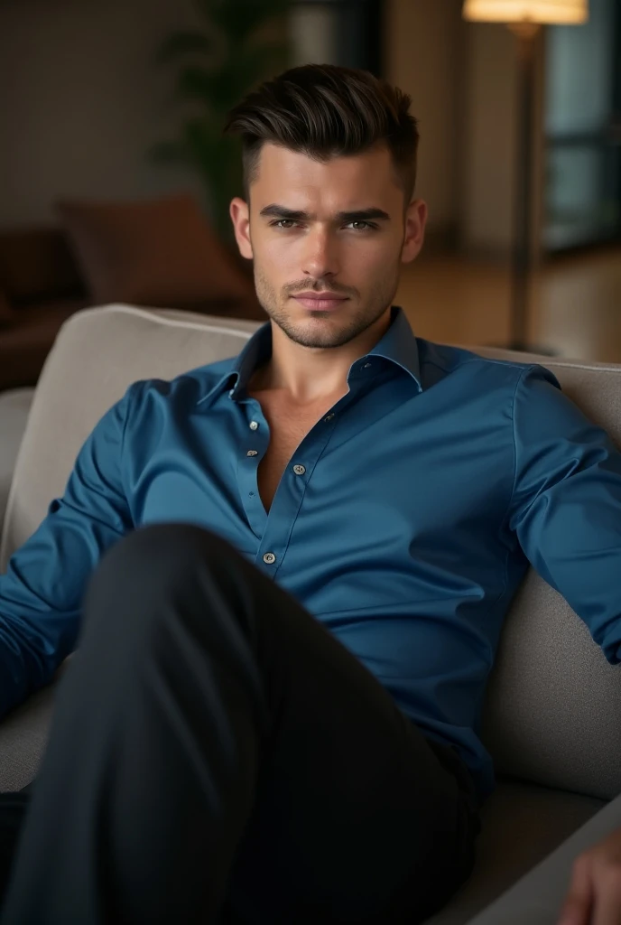 A very handsome young man, wearing a blue shirt and black pants, sits on the sofa. ,  Details , Look at the camera 