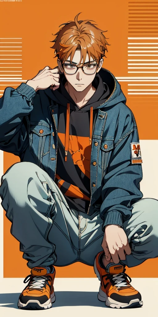  High Resolution ,Fine image quality ,Fine skin,Wearing glasses,Otaku man ,Dark,Looking down, squatting, wears a denim jacket over a white hoodie, sneakers with orange lines 